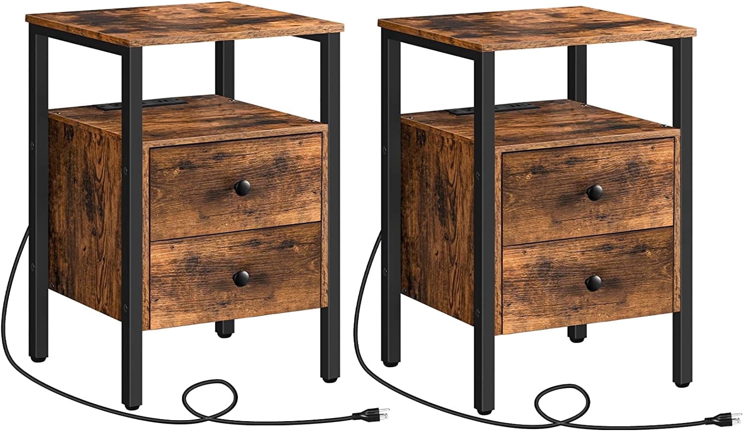 HOOBRO Nightstands Set of 2 with 2- Drawer and Charging Station Living Room Bedroom Brown BF431BZP201