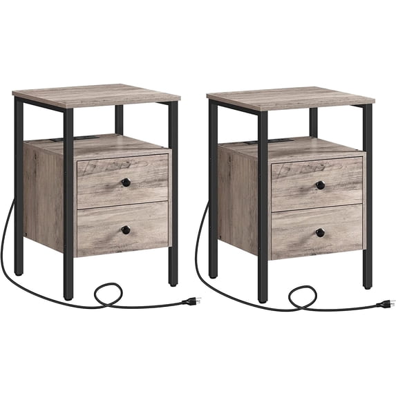 HOOBRO Nightstands Set of 2 with Charging Station $ USB Ports & Drawers Bedroom Gray BG431BZP201