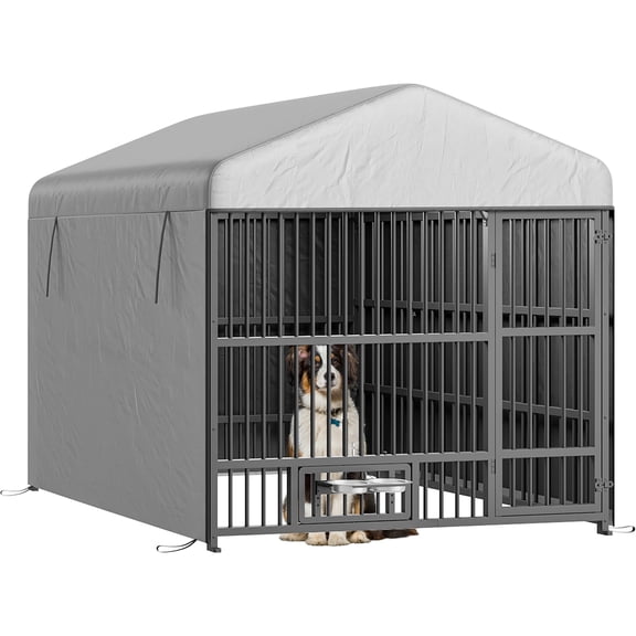 HOOBRO Outdoor Dog Kennel with Cover, 6.6 x 6.6 x 6.4 ft Dog Kennel Outside with Waterproof Roof and Rotating Feeding Bowls, Heavy-Duty Large Cage Enclosure, for Medium & Large Dogs, Black BK220GW03