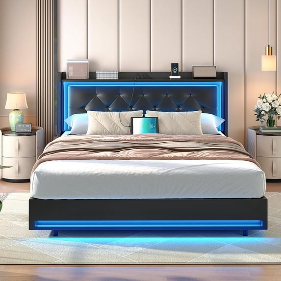 HOOBRO Queen Bed Frame with headboard, Upholstered Bed Frame with Charging Station and Led Light, Metal Platform Frame and Wooden Slats, No Box Springs Needed, Noiseless, Black BB17UDBF01