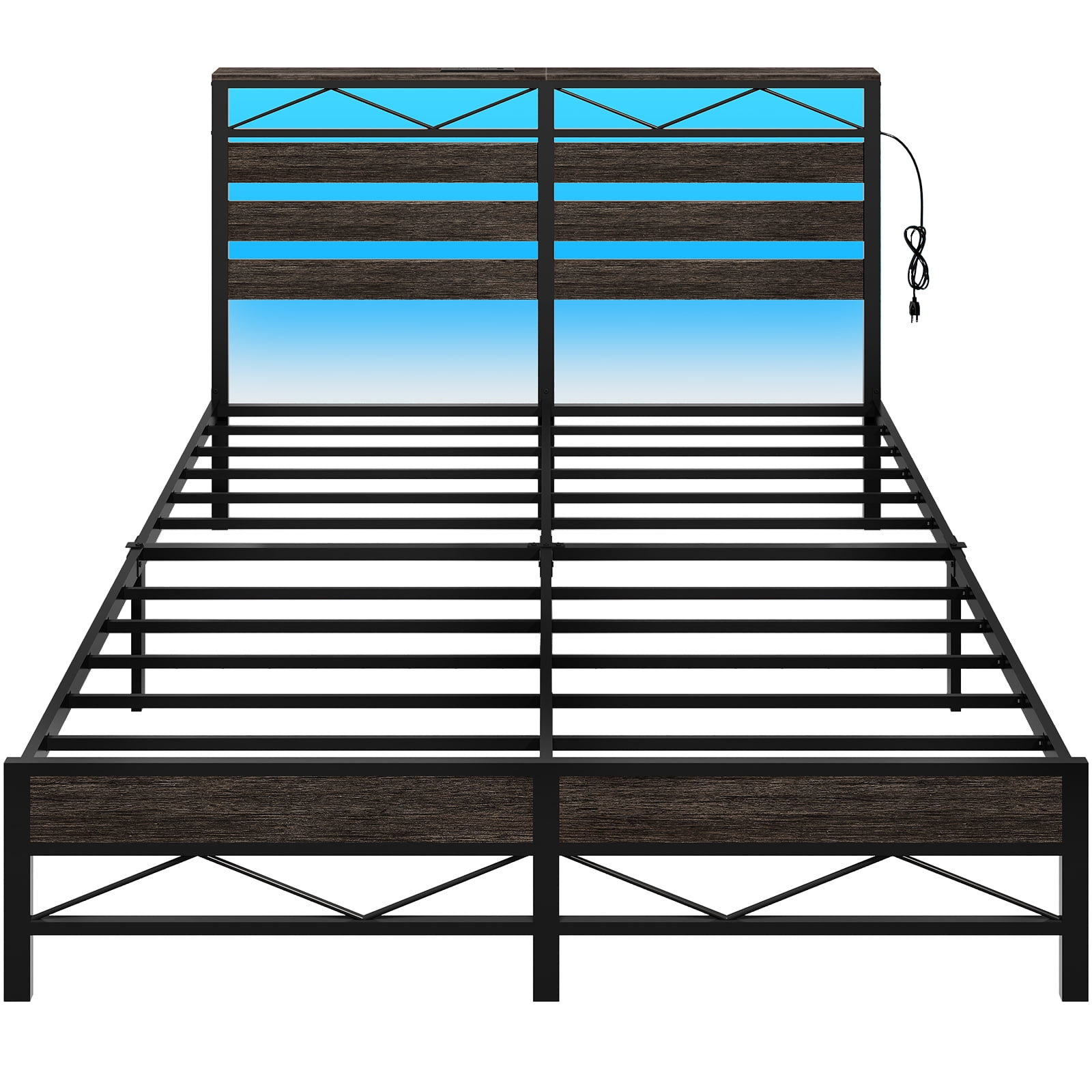 HOOBRO Queen Size Bed Frame with Headboard, LED Bed Frame with Storage Headboard and Charging Station, Bed Frame with 2 Outlets and 2 USB Ports, for Queen Beds, Charcoal Black BC22UDBF01