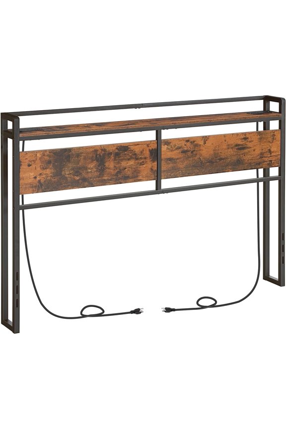 Queen Size Headboard with 2 Outlets & 4 USB Ports, Storage, Adjustable Height, Rustic Brown and Black
