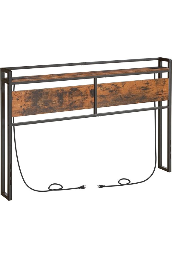 Queen Size Headboard with 2 Outlets and 4 USB Ports Adjustable Height Storage Rack Rustic Brown and Black BF53UBH01