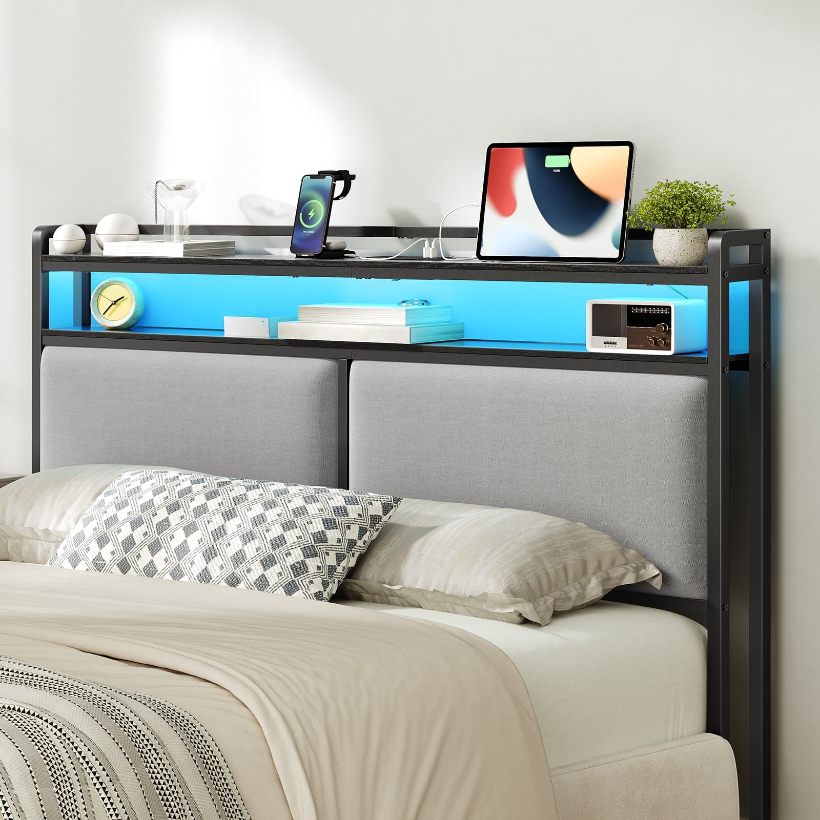 HOOBRO Queen Size Upholstered Headboard, Storage Headboard with Charging Station and Adjustable LED Lights, 2 Standard Outlets and 2 USB Ports, Queen Headboard Only  BB54UDBH01