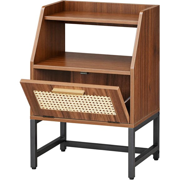 HOOBRO Rattan End Table with Flip-Down Door & Open Shelf, Walnut and Black