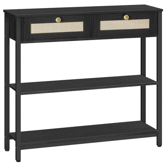HOOBRO-Rattan-Like Narrow Console Table With 2 Drawers, 31.5-Inch Sofa Table With Storage, Open And Hidden Storage Space, Woven Decoration, For Hallway And Foyer, Black BB02XG01N1