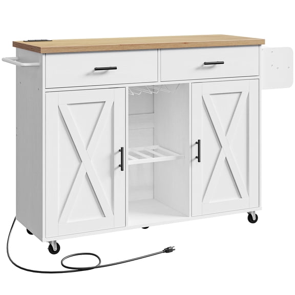 HOOBRO Rolling Kitchen Island with Power Outlet, Storage Cabinet, 2 Drawers, Spice Rack & Towel Rack, White and Natural