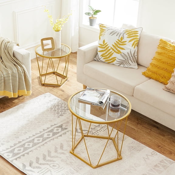 HOOBRO Round Coffee Table Set of 2 Gold End Table Modern Tempered Glass Living Room Bedroom Balcony Yard GD79BZ01