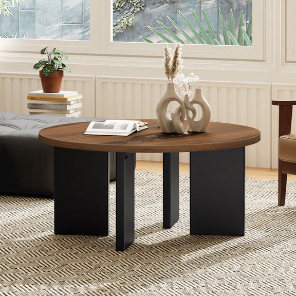 HOOBRO Round Coffee Table with Symmetrical Legs, Walnut and Black