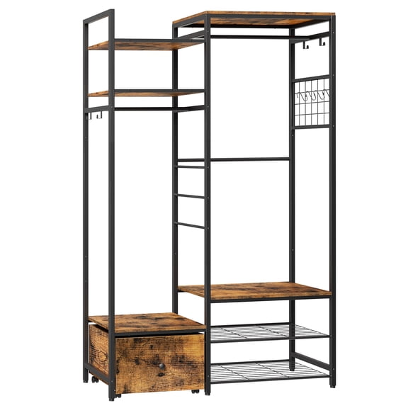 HOOBRO Rustic Brown and Black Clothing Rack with Hanging Rods, Drawer & Shoe Shelves - Sturdy Wooden Surface & Metal Frame Garment Rack with Hooks for Bedroom, Living Room, or Entryway.