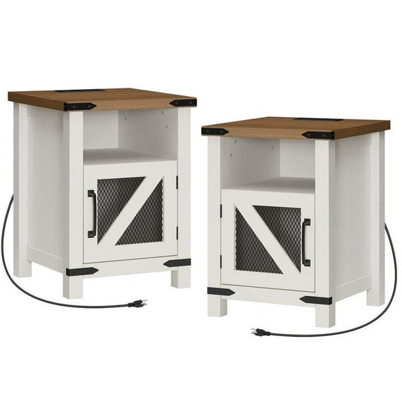 HOOBRO Set of 2 End Table with Charging Station Farmhouse Nightstand with Barn-Door CabinetBedroom Living Room Office Study Antique White WH175UBZP201