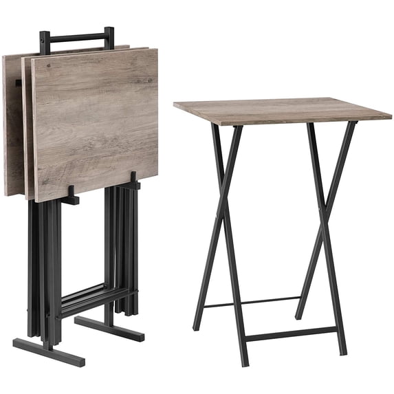 HOOBRO Industrial Set of 4 Folding TV Tray Tables with Storage Rack, Gray