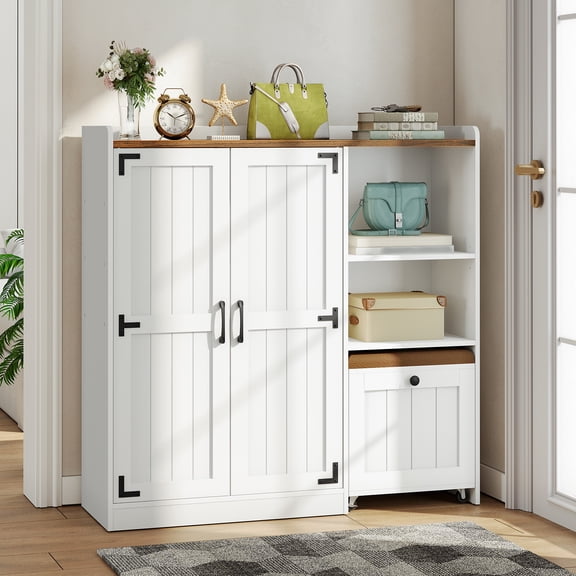 HOOBRO Shoe Cabinet with Bench, Adjustable Shelves, Doors & Lockable Casters, White and Walnut