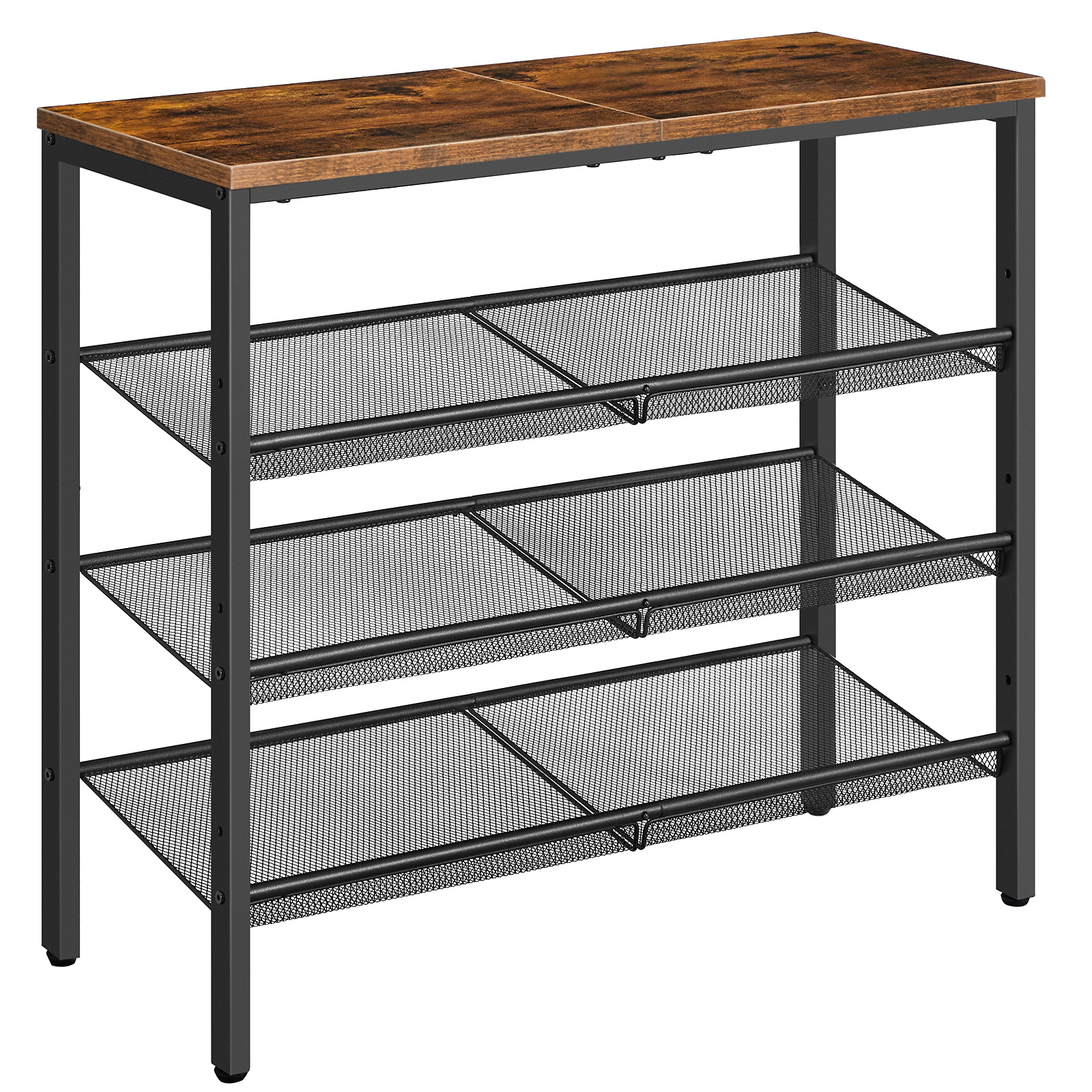 HOOBRO Shoe Rack for Entryway, 4-Tier Shoe Organizer with Adjustable Mesh Shelves, 12-16 Pairs of Shoes, Spacious Floor Mount, Metal, Industrial, Shoe Shelf for Closet, Rustic Brown BF42XJ01