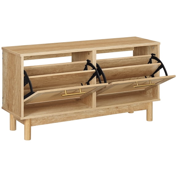 HOOBRO Narrow Rattan Shoe Storage Bench with Flip Drawers, Natural