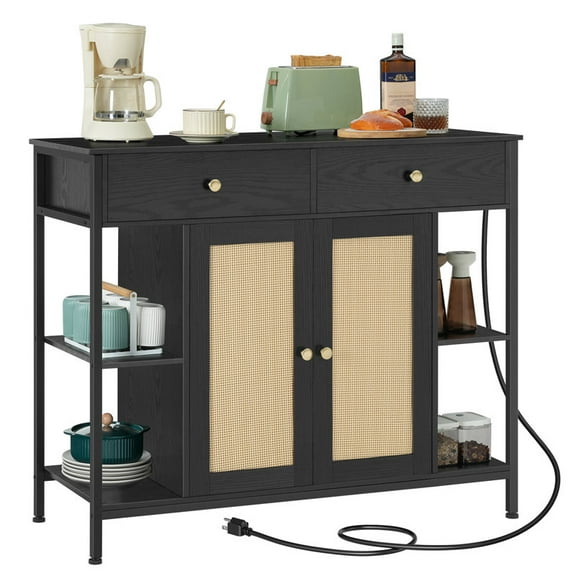 HOOBRO Sideboard, Buffet Cabinet with Charging Station, Storage Cabinet with Drawers and Rattan Decorated Doors Dining Room, Kitchen, Hallway, Living Room, Black BB09UCB01