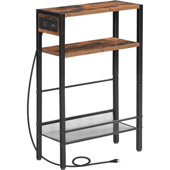 HOOBRO Slim Side Table with Charging Station & Storage Shelf, Rustic Brown