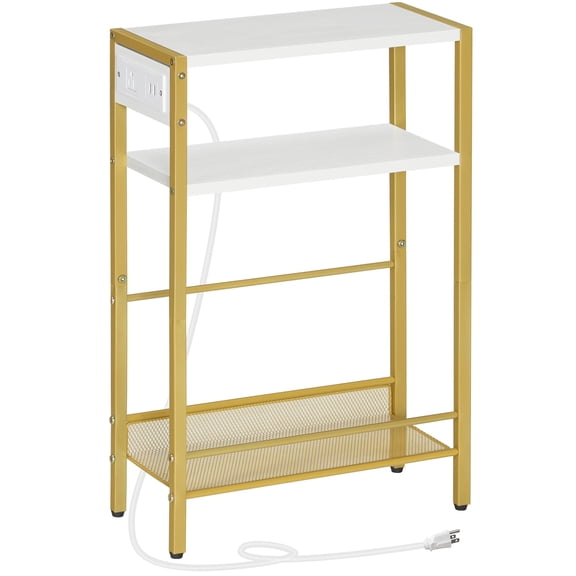 HOOBRO Small Narrow Side Table with Charging Station, Skinny End Table for Small Spaces, Slim Nightstand with USB Ports Outlet, Sofa Beside Table with Storage Shelf, White and Gold DW102UBZ01