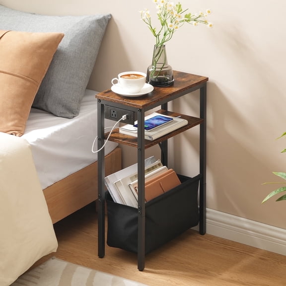HOOBRO Small Narrow Side Table, Skinny End Table with Charging Station, Extra Slim Nightstand with Storage for Small Spaces, Thin End Table for Living Room, Rustic Brown and Black BF125UBZ01