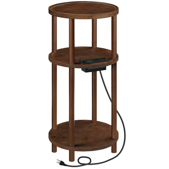 HOOBRO Small Round Side Table with Charging Station, 3-Tier Round Bamboo End Table, Compact Sofa Bedside Table for Small Space, Easy Assembly, for Living Room, Bedroom, Apartment, Mocha MA152UBZ01