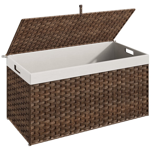 HOOBRO Storage Basket with Lid, 52.8 Gallon (200L) Wicker Basket, Handwoven Blanket Storage Basket with Handles, Metal Frame and Soft Lining, Foldable for Bedroom, Laundry Room, Brown BR220CW01