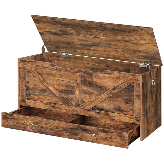 HOOBRO Storage Chest, 39.3" Toy Chest with Drawer, Wooden Storage Bench, Sturdy Entryway Bench Supports 220 lb, Shoe Bench, Safety Hinge, U-Shaped Opening, Easy Assembly, Rustic Brown FG710CW01G1