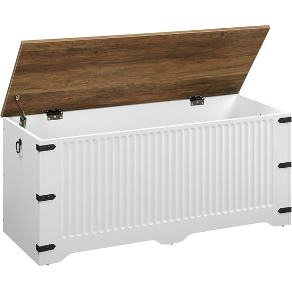 HOOBRO Storage Chest, Toy Chest with Safety Hinge, Toy Box Organizer, 39.3 x 15.7 x 17.7 Inches Farmhouse Style Storage Bench, for Living Room, Bedroom, Entryway, White and Walnut WH26CW01