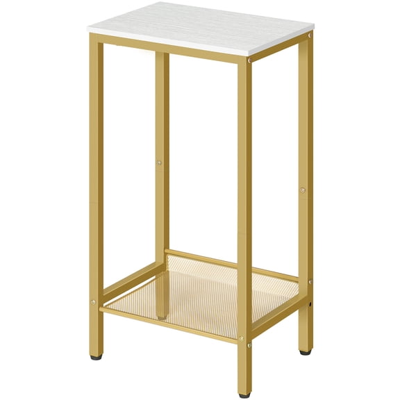 HOOBRO Tall Side Table, Industrial End Telephone Table with Adjustable Mesh Shelves, for Living Room, Bedroom, Entryway, Office, White and Gold DW03DH01