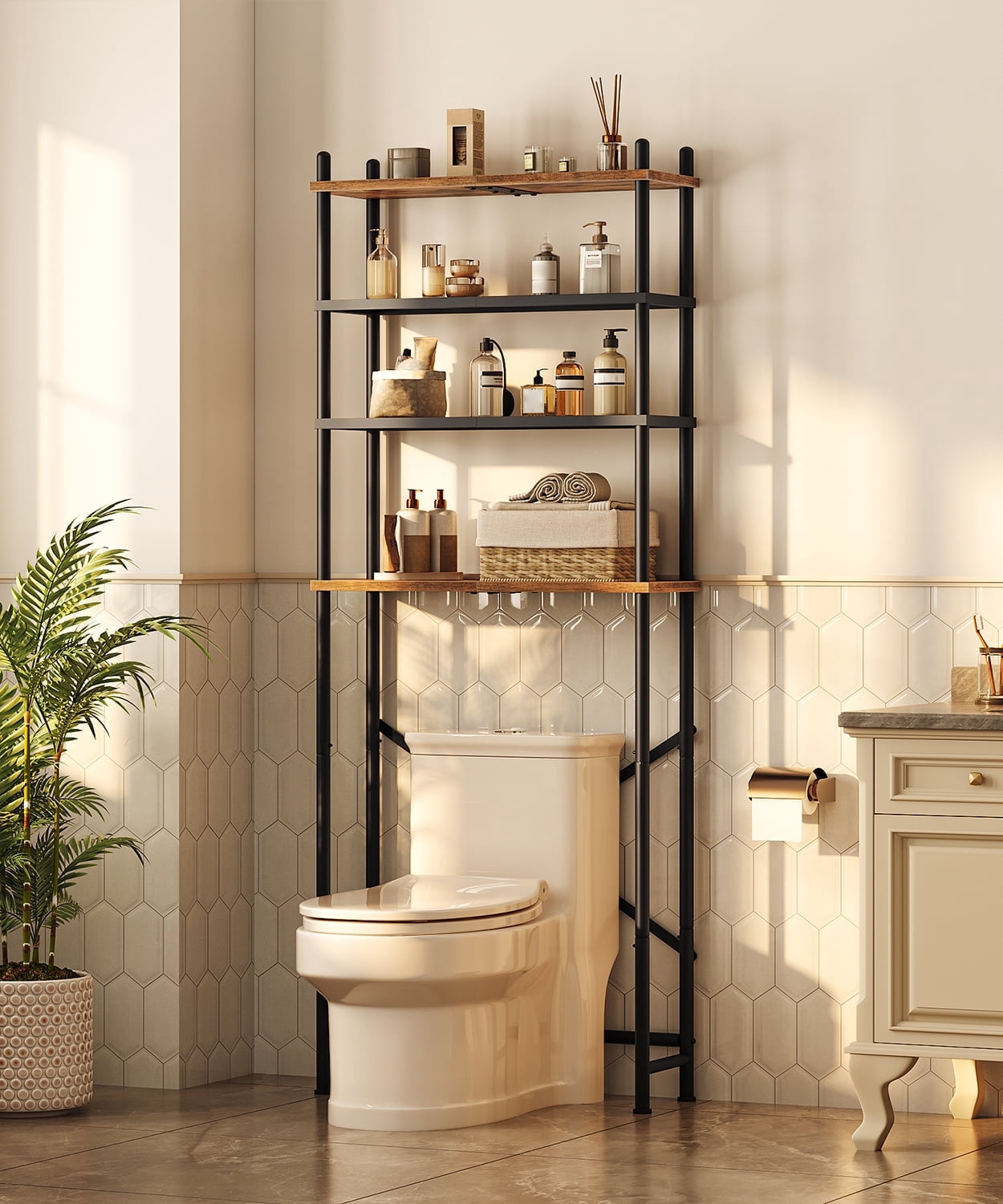 HOOBRO 4-Tier Over The Toilet Shelf, Rustic Brown and Black