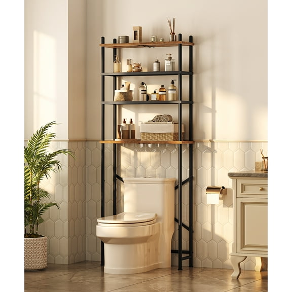 HOOBRO Over The Toilet Storage, 4-Tier Over Toilet Bathroom Organizer, Freestanding Above Toilet Shelf with Adjustable Feet, Space Saving, Easy to Assemble, Rustic Brown and Black BF64TS01