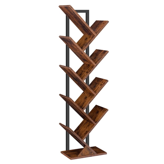 HOOBRO 9-Tier Tree Bookshelf, Wooden Floor Standing, Rustic Brown
