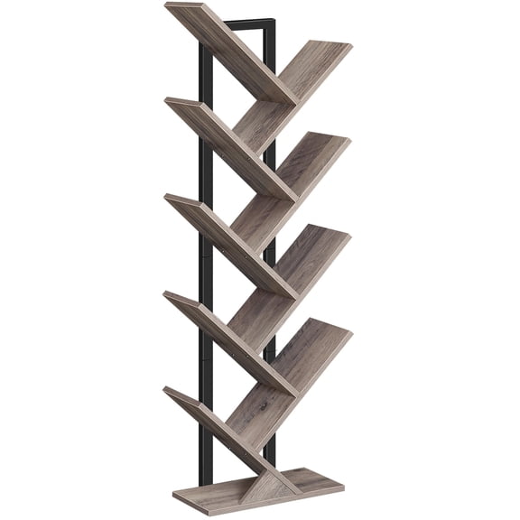 HOOBRO 9-Tier Tree Bookshelf, Wooden Floor Standing, Greige