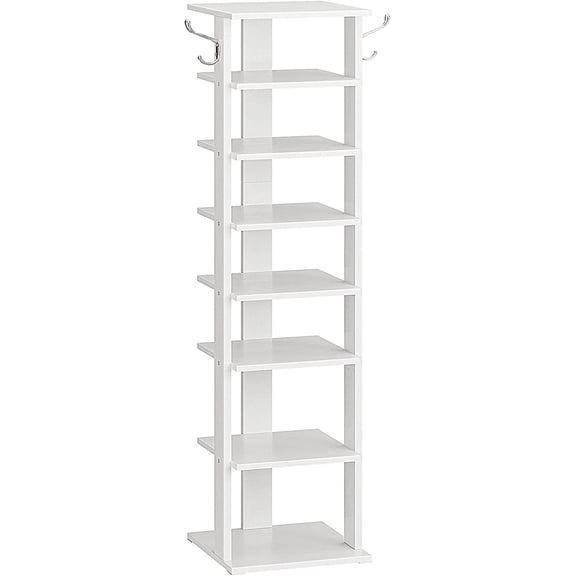 HOOBRO Vertical Shoe Rack 8 Tier Shoe Storage Organizer with Hooks Entryway Living Room White WT07XJ01G1