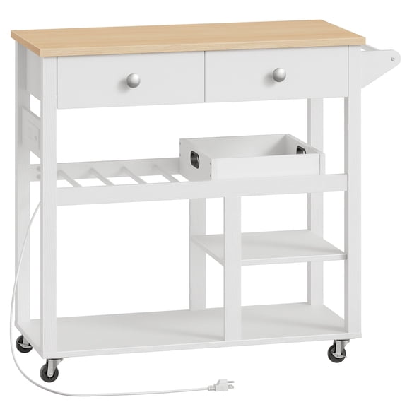 HOOBRO Mobile Kitchen Island with Drawers, Wine Rack, Charging Station & Movable Tray, White and Natural