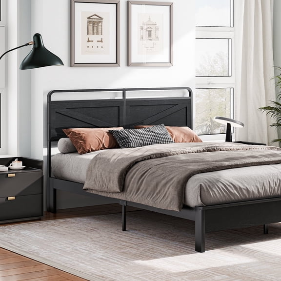 HOOBRO Wooden Panel Headboard, Queen Headboard, Minimalist Head Board with Metal Frame, Height Adjustable, Bed Frame Adapter, Black BB56BH01