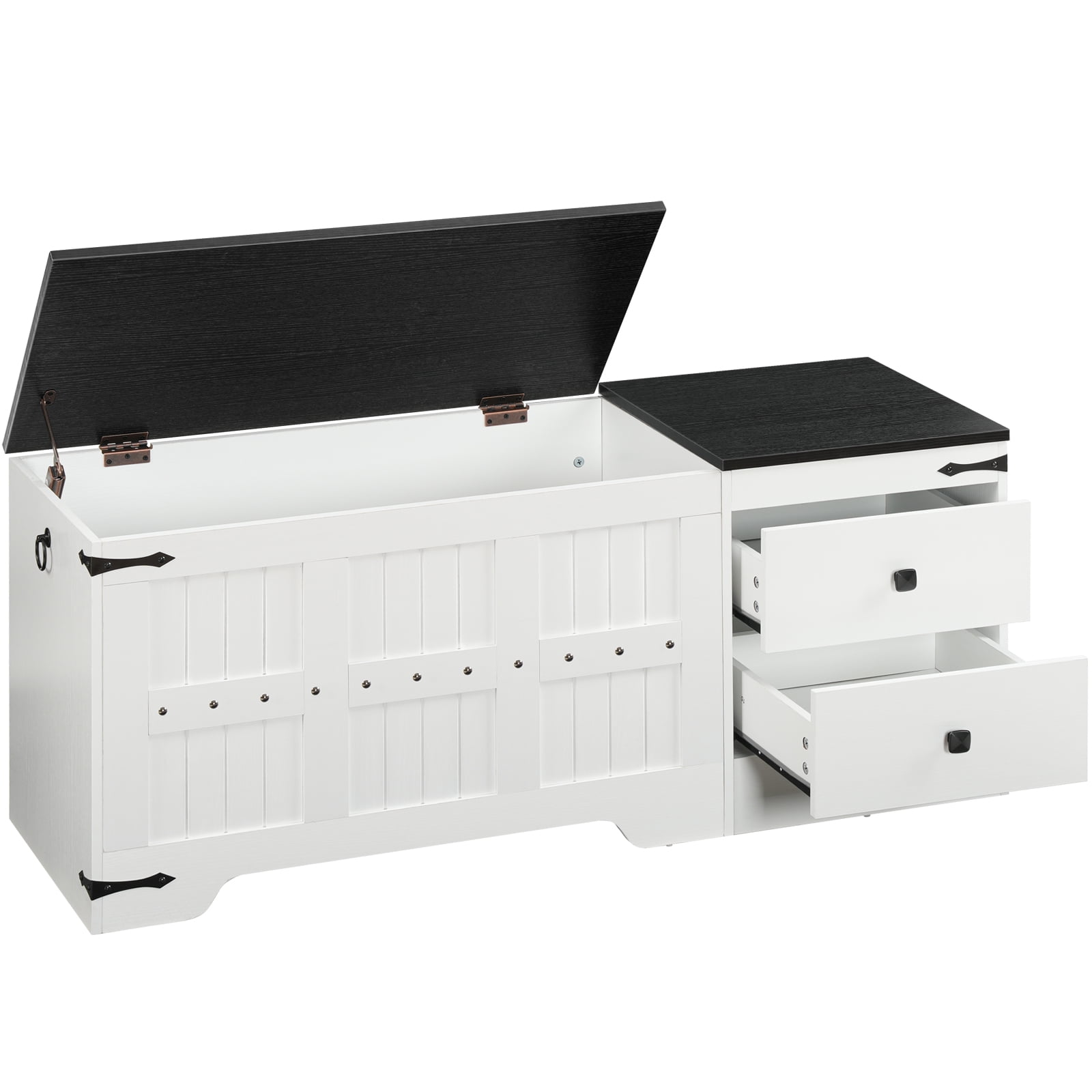 HOOBRO Wooden Toy Storage Bench and Chest, Dual Drawers, Safe Hinge, Extra-Long Thick Top, Easy Assembly, Multipurpose Storage Organizer Trunk, for Living Room, Bedroom, White and Black WB212CW01