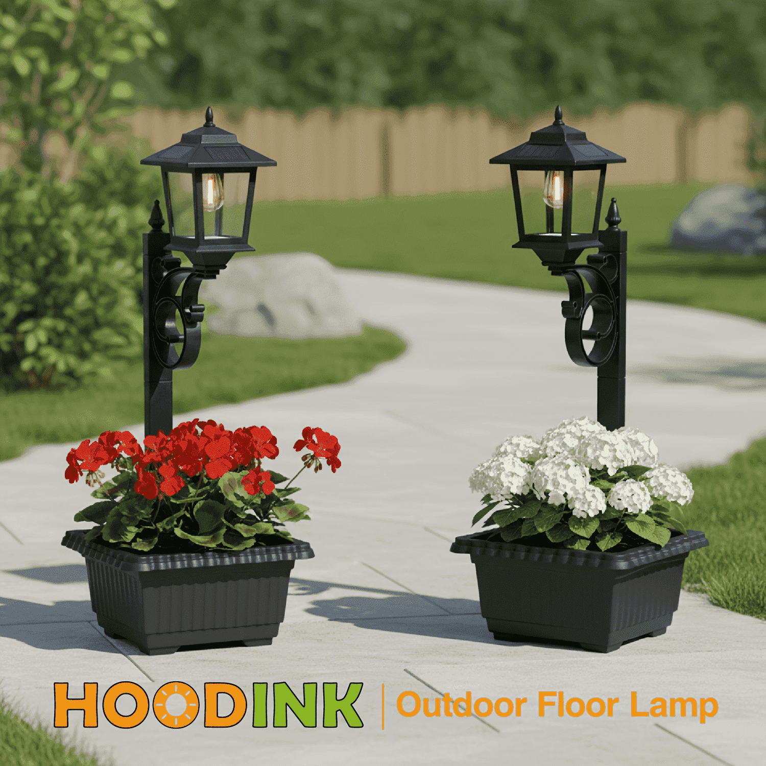HOODINK 2-Pack Solar Post Lights Outdoor with Planter, 2-in-1 Waterproof Solar Lamp Post for Garden, Patio & Lawn, 3000K Warm White Decorative Flower Pot Lights for Pathway & Yard