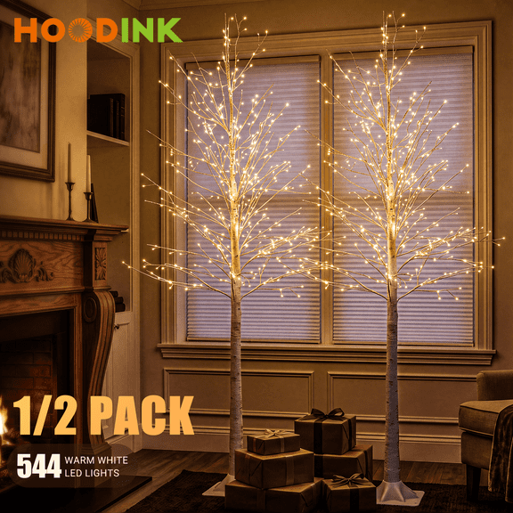 HOODINK Artificial White Birch Tree with 544 Warm White LED Lights, Full Branch Design, Hand-Wrapped Flexible Twigs,Pre-Lit Decorative Tree for Christmas, Wedding, Thanksgiving, Easter, Halloween