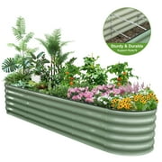 HOOFUN 17" Tall Metal Raised Garden Bed, 9 in 1 Garden Raised 8ftX2ft Garden Bed Kits for Vegetables Flowers, Oval Outdoor Planter Box w/ 6 Support Bars - Olive Green