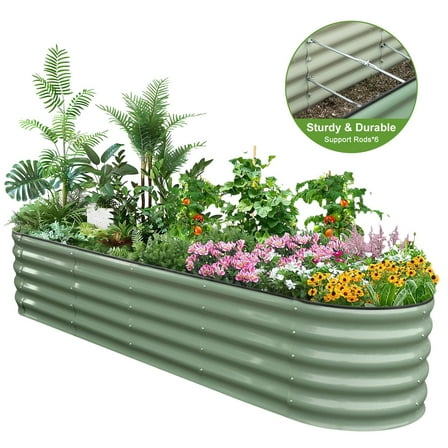 HOOFUN 17" Tall Metal Raised Garden Bed, 9 in 1 Garden Raised 8ftX2ft Garden Bed Kits for Vegetables Flowers, Oval Outdoor Planter Box w/ 6 Support Bars - Olive Green