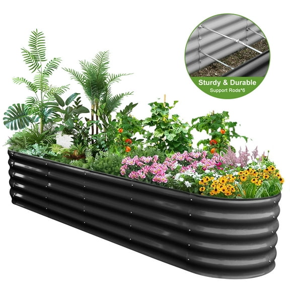 HOOFUN 17" Tall Metal Raised Garden Bed, 9 in 1 Garden Raised 8ftX2ft Garden Bed Kits for Vegetables Flowers, Oval Outdoor Planter Box w/ 6 Support Bars - Modern Gray