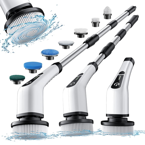 HOOFUN Electric Spin Scrubber, Cordless Bath Tub Power Scrubber with Long Handle & 7 Replaceable Heads, Detachable as Short Handle, Shower Cleaning Brush Household Tools for Bathroom & Tile Floor