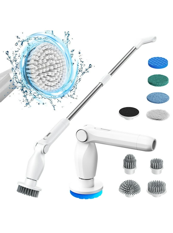 HOOFUN Electric Spin Scrubber, Cordless Rotary Bath Cleaning Brush, Power Scrubber with Long Handle & 8 Replaceable Heads, Adjustable Arm, ABS Electric Cleaners for Bathroom Floor