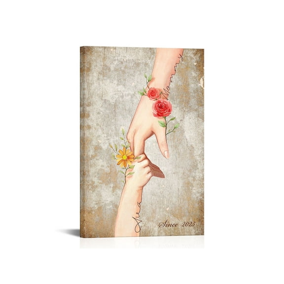 HOOHAA Mothers Day Personalized Gifts for Mom Floral Hands Wall Art with Name Custom Romantic Love Canvas Prints Unique Birthday Presents Vintage Style Home Decor from Son Daughter