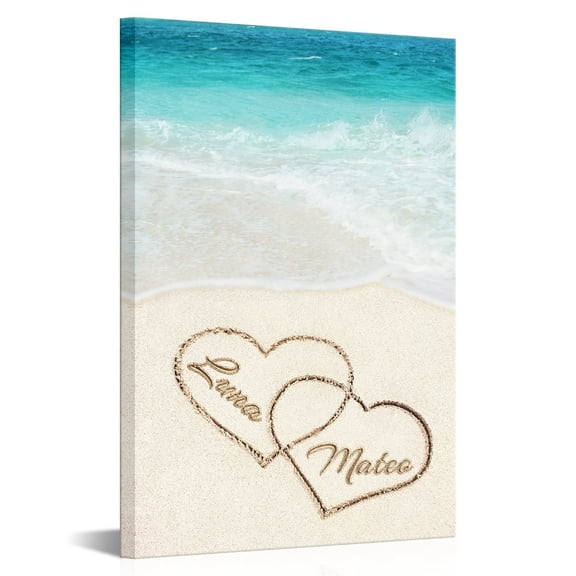 HOOHAA Personalized Heart in Heart Shaped on Beach with Couple'S Names Wall Art Decor Romantic Sand Canvas Poster Prints Framed Love Gift for Him Her Anniversary Wedding Engagement