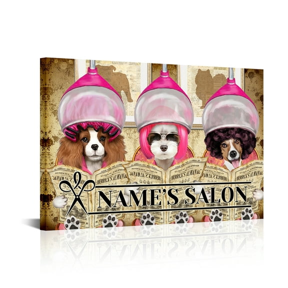 HOOHAA Personalized Salon Sign with Name Wall Art Dog Canvas Prints Custom Vintage Dog Grooming Hairstyle and Reading Magazines Giclee Poster Home Decor for Beauty Shop Groomer (Pink)