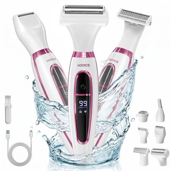 HOOICB Electric Razor for Women, 6-in-1 Rechargeable Body Shaver for Legs, Underarms and Bikini, Wet Dry Use with LED Display