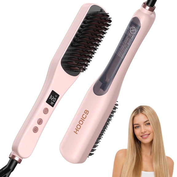HOOICB Steam Hair Straightener Brush, 5 Heat Settings, LCD Display, Anti-Scald, 100-240V, Pink
