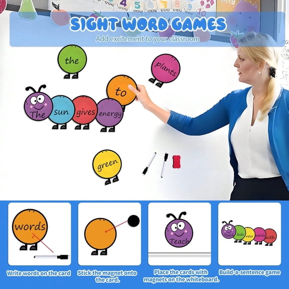 HOOJOJO 8 Double-Sided Wipeable Caterpillar Learning Cards, Educational Tool for Vocabulary, Sentence Building & Math, Phonics & Thinking Training for Classroom Teaching
