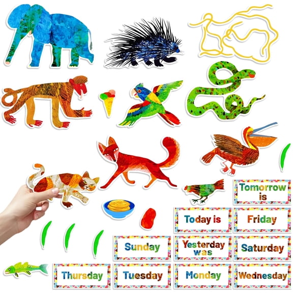 HOOJOJO Today Is Monday Felt Story Set, Eric Carle Animals & Weekly Food Scene 28Pcs Felt, Interactive Preschool Storytelling Teaching Prop for Ages 3+
